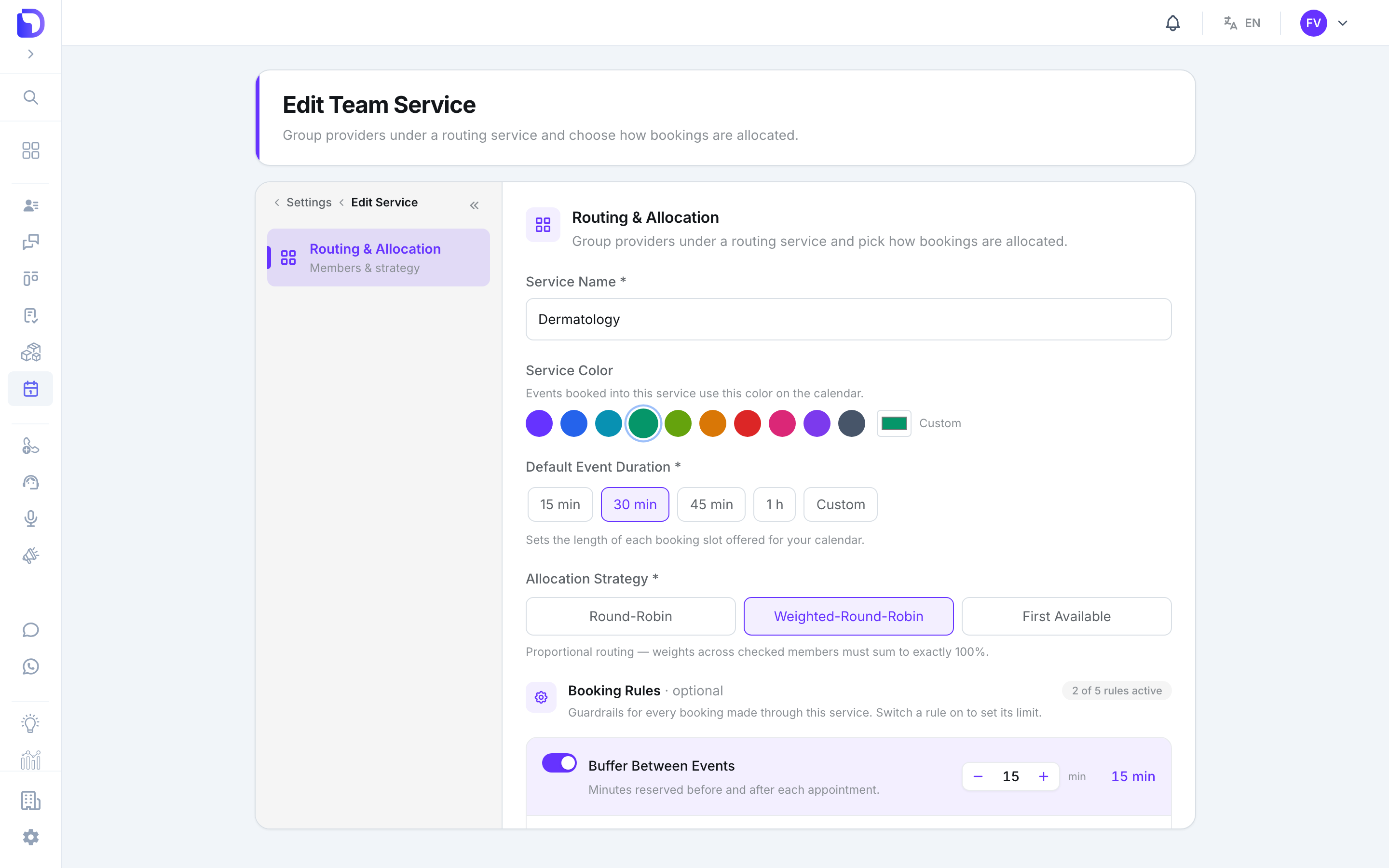 Edit Team Service 'Routing & Allocation' form for Dermatology with a Service Color palette (teal selected), Default Event Duration 30 min, Allocation Strategy Weighted-Round-Robin selected, and the Booking Rules section (2 of 5 rules active) starting with Buffer Between Events 15 min.