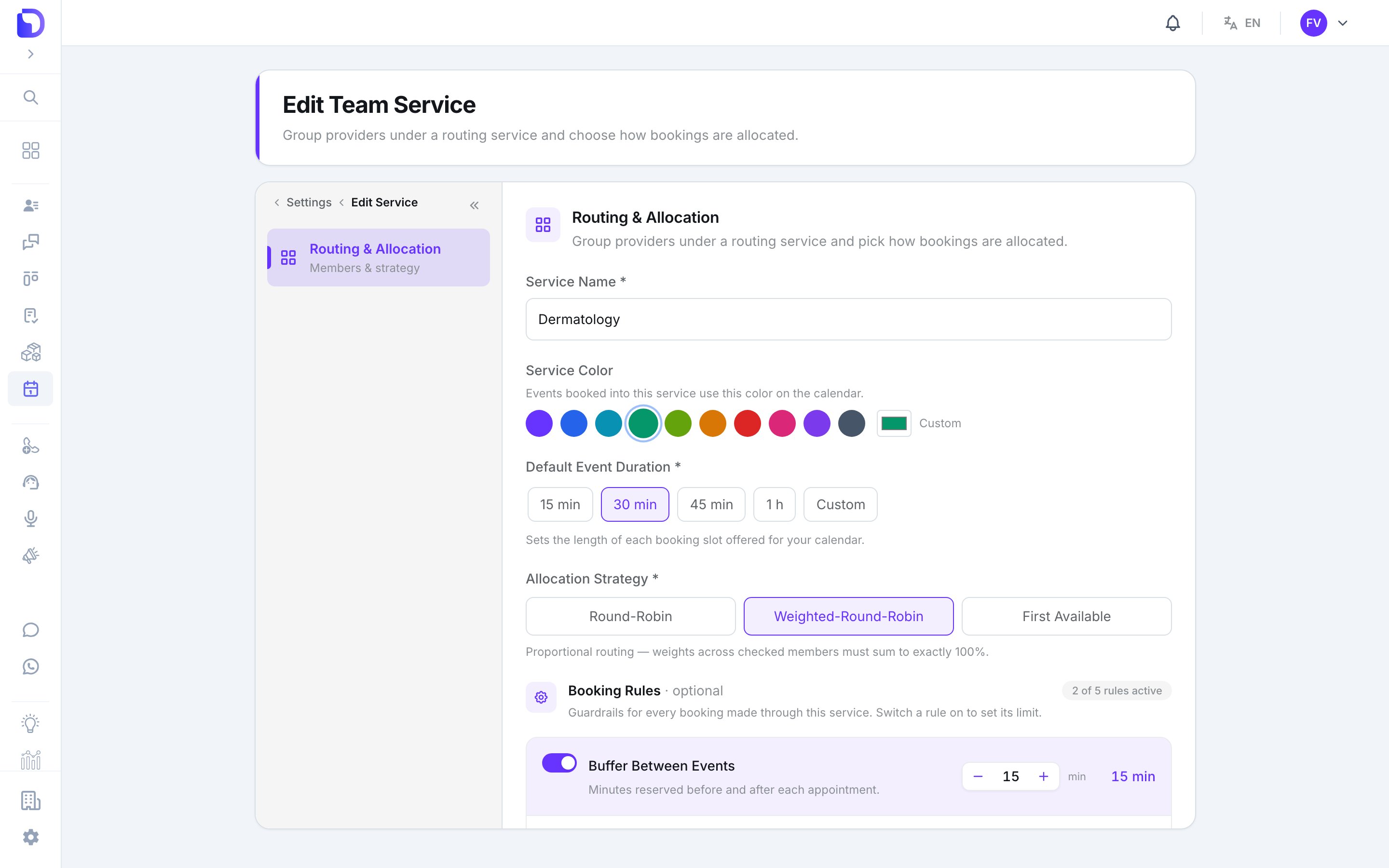 Edit Team Service 'Routing & Allocation' form for Dermatology with a Service Color palette (teal selected), Default Event Duration 30 min, Allocation Strategy Weighted-Round-Robin selected, and the Booking Rules section (2 of 5 rules active) starting with Buffer Between Events 15 min.
