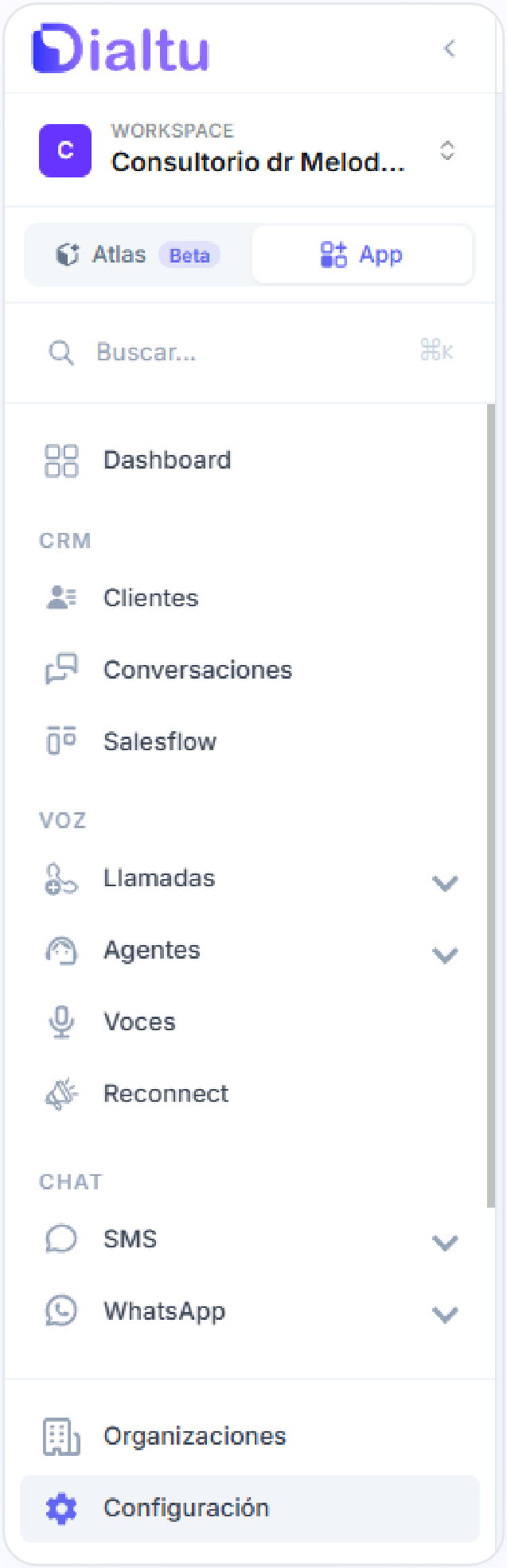 Menú lateral de Dialtu con la opción Configuración al final