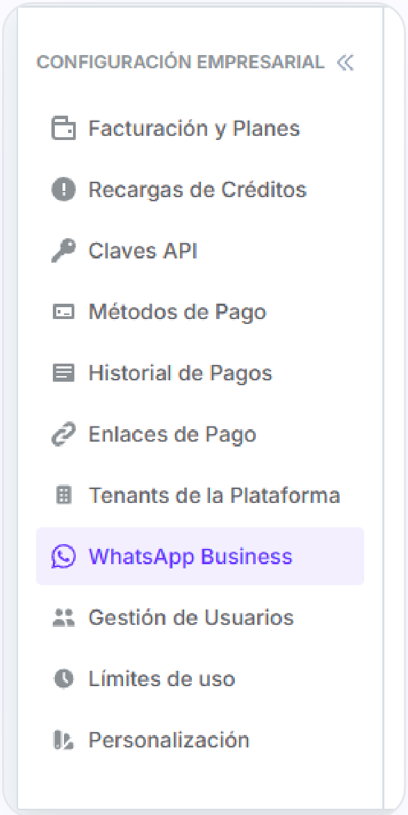 Menú de Configuración empresarial con la opción WhatsApp Business