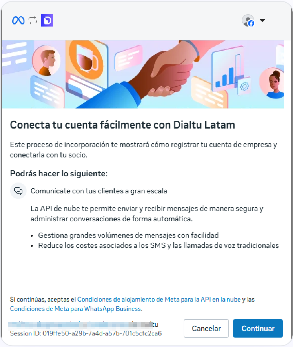 Ventana emergente de Meta para conectar la cuenta con Dialtu