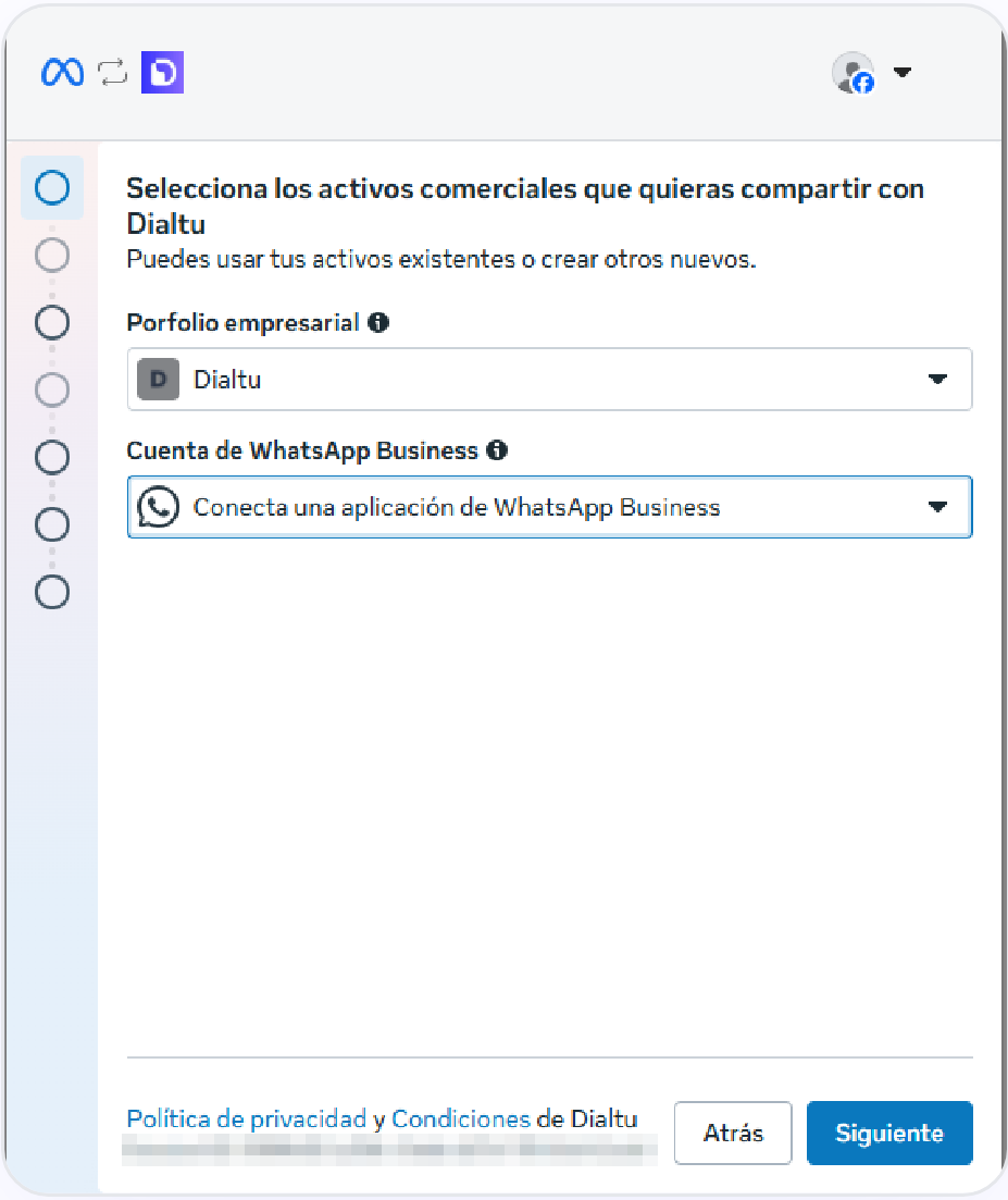 Pantalla de Meta para seleccionar el portafolio empresarial y la cuenta de WhatsApp Business
