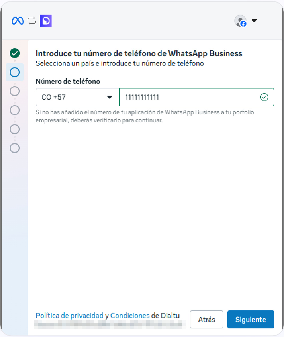 Pantalla de Meta para introducir el país y el número de teléfono de WhatsApp Business