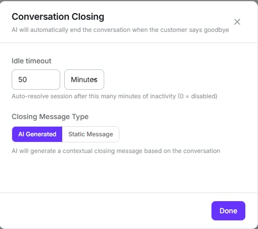 Conversation Closing modal with a 50 minute idle timeout and the AI Generated closing message type selected