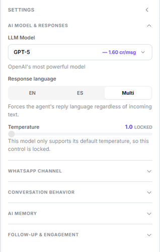 AI Model & Responses group expanded with LLM model, response language and temperature, above the four collapsed groups