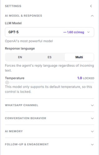 AI Model & Responses group expanded with LLM model, response language and temperature, above the four collapsed groups