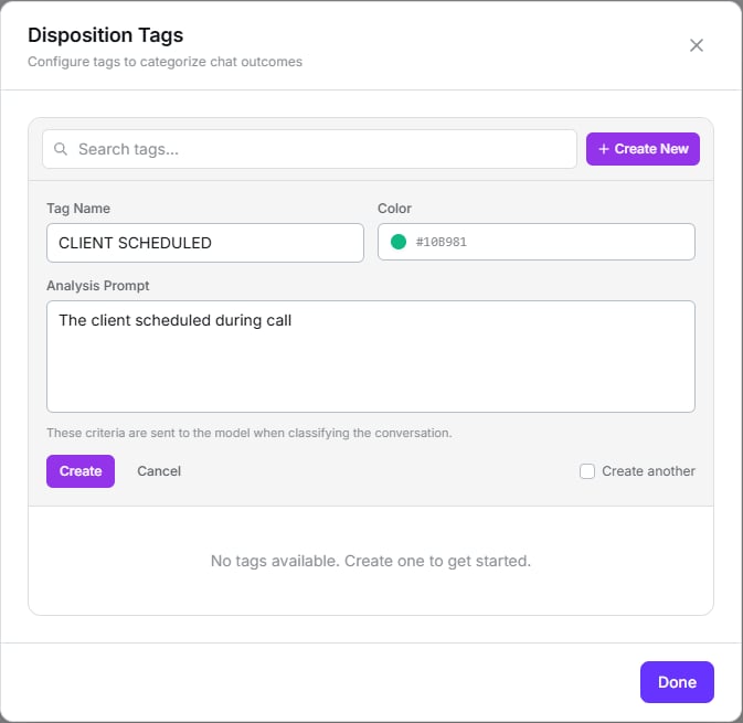 Disposition Tags modal creating a tag named CLIENT SCHEDULED with a colour and an analysis prompt