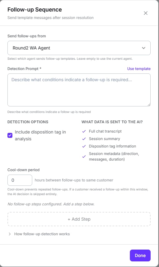 Follow-up Sequence modal with the sending agent selector, detection prompt, detection options, the data sent to the AI, and the cool-down period