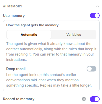 AI Memory group with the Use memory toggle on, the Automatic and Variables mode selector, Deep recall off, and the Record to memory toggle