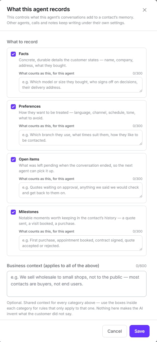 What this agent records modal with the Facts, Preferences, Open items and Milestones categories ticked, and the business context field