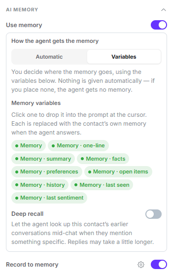 AI Memory group in Variables mode showing the nine memory chips from Memory to Memory last sentiment