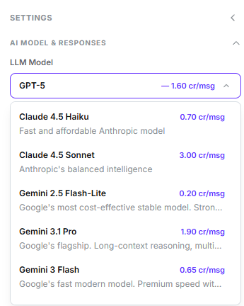 LLM model dropdown listing models with their credit cost per message