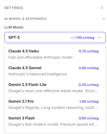 LLM model dropdown listing models with their credit cost per message
