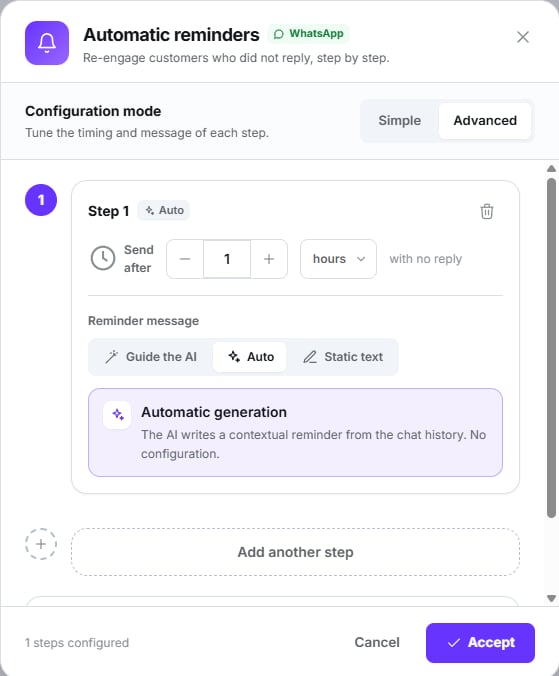 Automatic reminders modal in Advanced mode showing step 1 with its delay and message strategy, and the Add another step button