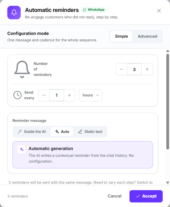 Automatic reminders modal in Simple mode with three reminders every hour and automatic message generation