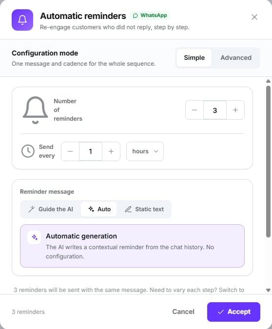 Automatic reminders modal in Simple mode with three reminders every hour and automatic message generation