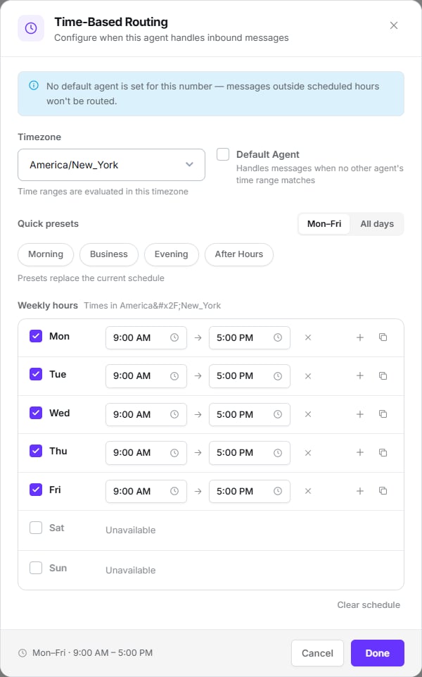 Time-Based Routing modal with timezone, the Default Agent checkbox, quick presets and Monday to Friday ranges from 9 AM to 5 PM