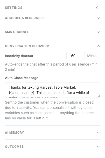 Conversation Behavior group with Inactivity timeout set to 60 Minutes and an Auto Close Message that uses the client_name variable