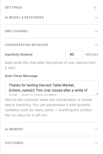 Conversation Behavior group with Inactivity timeout set to 60 Minutes and an Auto Close Message that uses the client_name variable