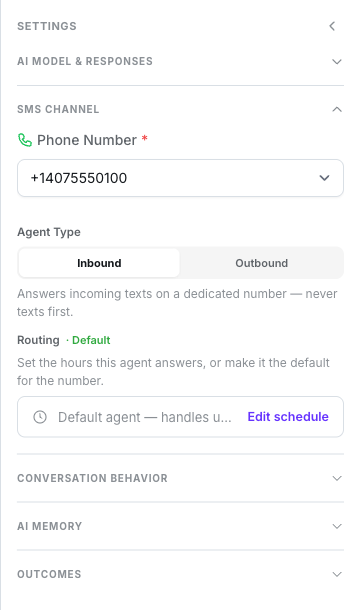 SMS Channel group with a phone number selected, Agent Type set to Inbound, and the Routing row reading Default agent — handles unmatched traffic, with an Edit schedule link