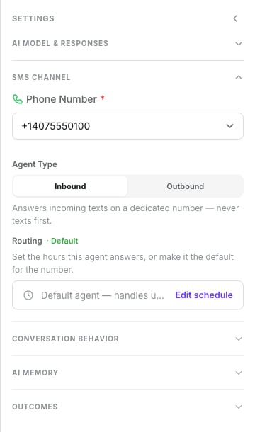 SMS Channel group with a phone number selected, Agent Type set to Inbound, and the Routing row reading Default agent — handles unmatched traffic, with an Edit schedule link