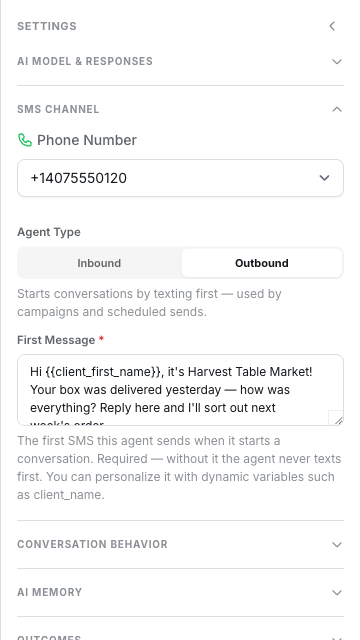 SMS Channel group with Agent Type set to Outbound and a First Message that uses the client_first_name variable