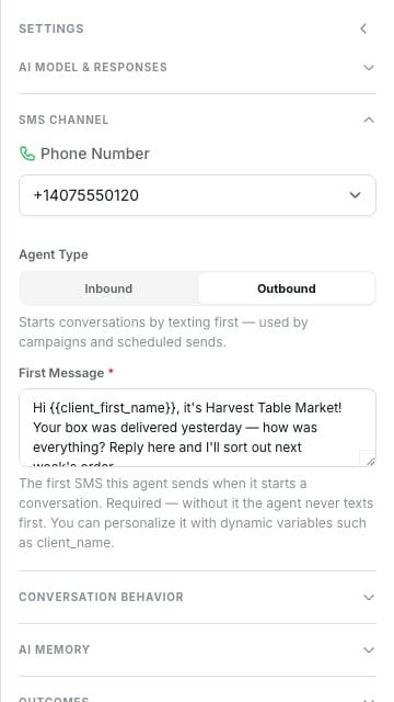 SMS Channel group with Agent Type set to Outbound and a First Message that uses the client_first_name variable