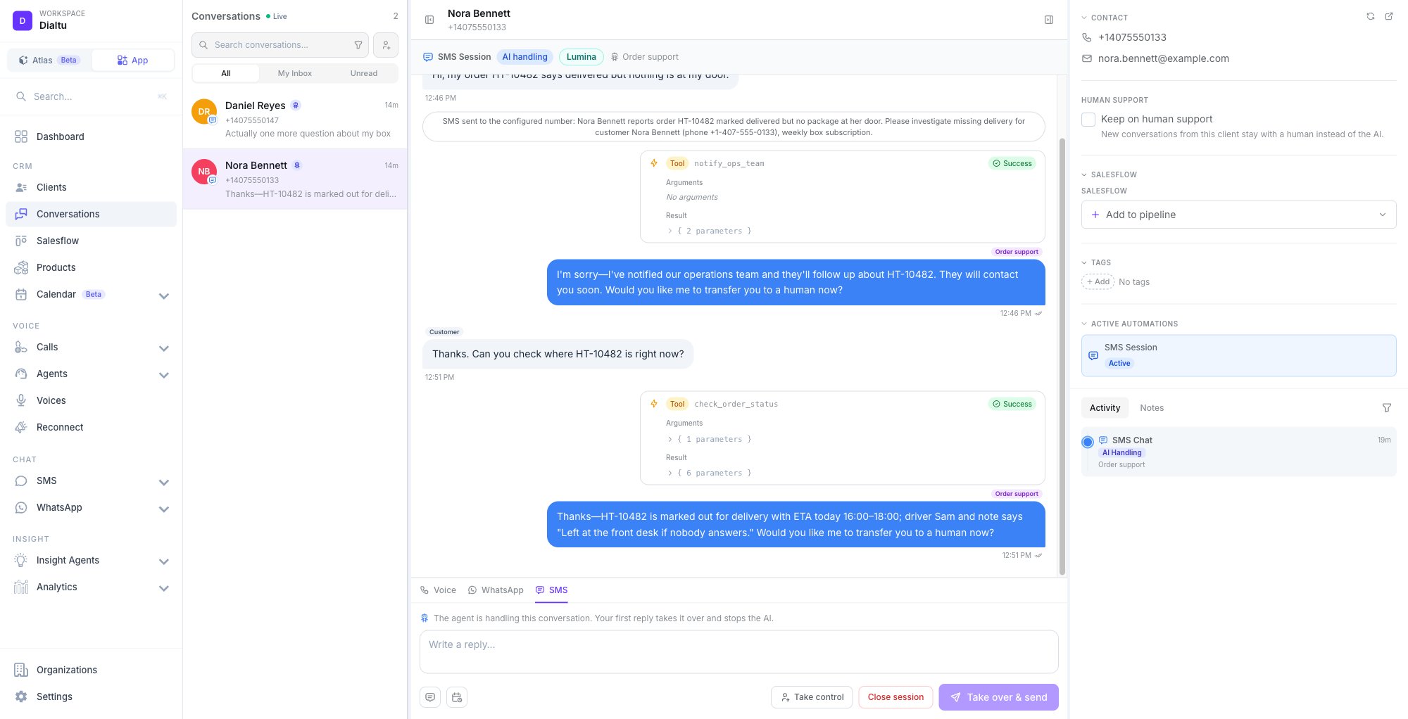 Conversations page with the list on the left showing an SMS row marked AI agent handling; the thread header reads SMS Session, AI handling, the Lumina badge and the agent's name; the composer banner reads The agent is handling this conversation. Your first reply takes it over and stops the AI, with Take control, Close session and Take over & send