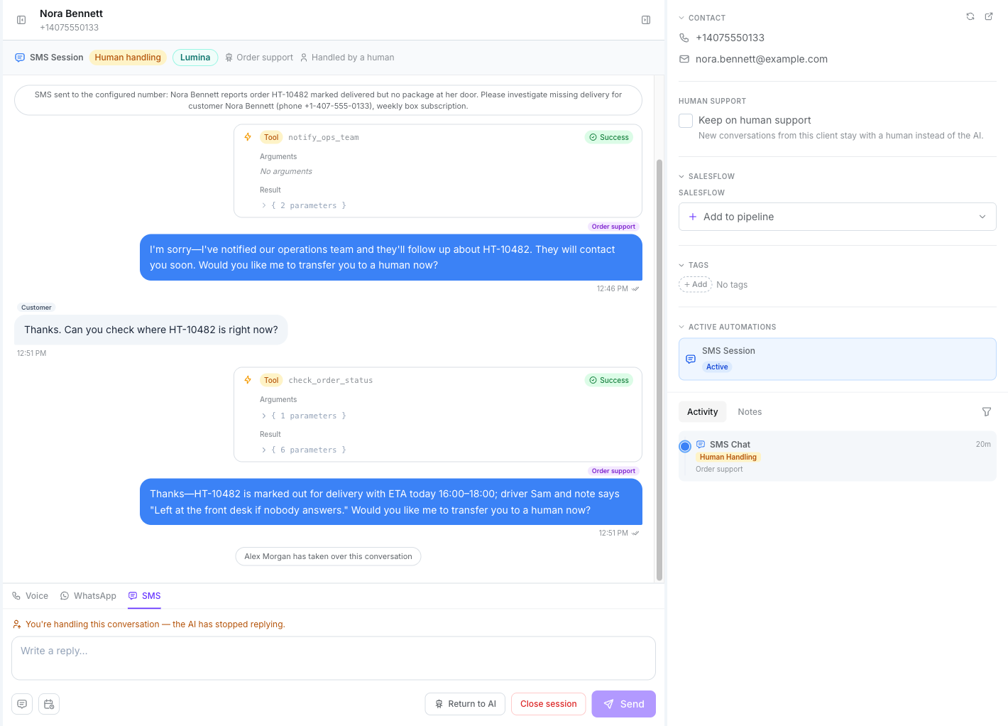 Thread header with the Human handling pill and Handled by a human, the takeover system note, the banner You're handling this conversation — the AI has stopped replying, and the Return to AI, Close session and Send buttons