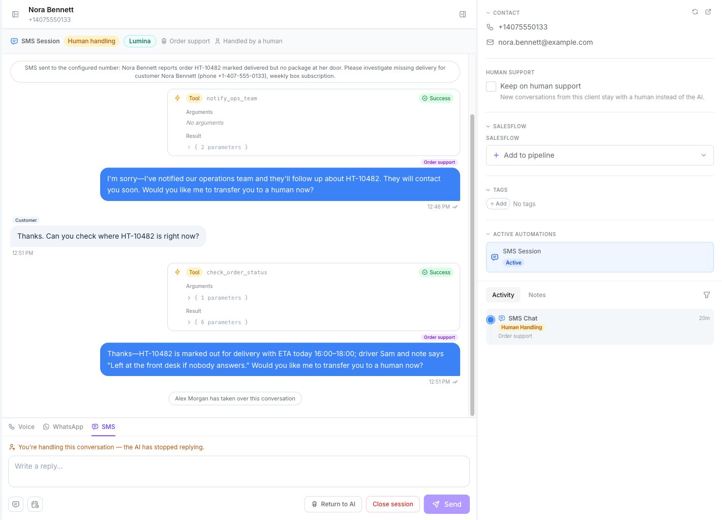 Thread header with the Human handling pill and Handled by a human, the takeover system note, the banner You're handling this conversation — the AI has stopped replying, and the Return to AI, Close session and Send buttons