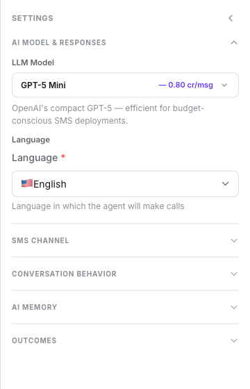 AI Model & Responses group expanded with LLM Model showing GPT-5 Mini and its per-message price, the Language select set to English, and the four collapsed groups below