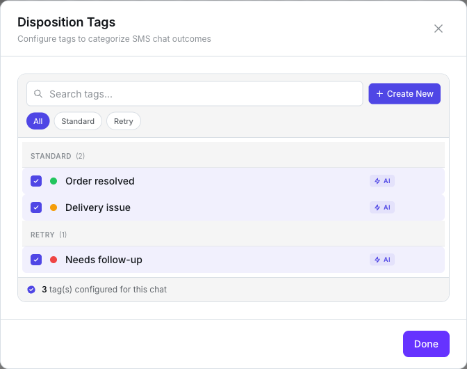 Disposition Tags window for an SMS agent listing Order resolved, Delivery issue and Needs follow-up, each ticked and marked AI, with a Create New button and the count 3 tag(s) configured for this chat