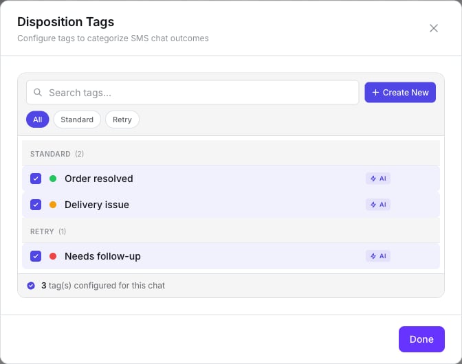 Disposition Tags window for an SMS agent listing Order resolved, Delivery issue and Needs follow-up, each ticked and marked AI, with a Create New button and the count 3 tag(s) configured for this chat