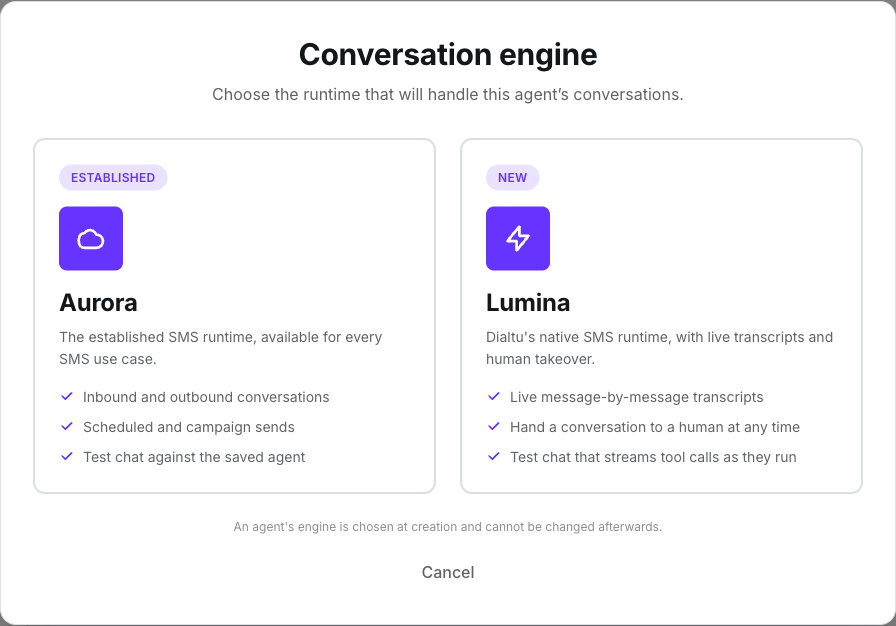 Conversation engine window with two engine cards; the Lumina card is marked New and lists live message-by-message transcripts, human takeover and a test chat that streams tool calls