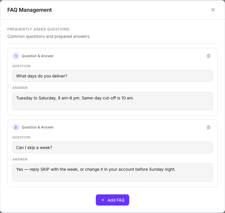 FAQ Management window listing two questions with their answers and the Add FAQ button