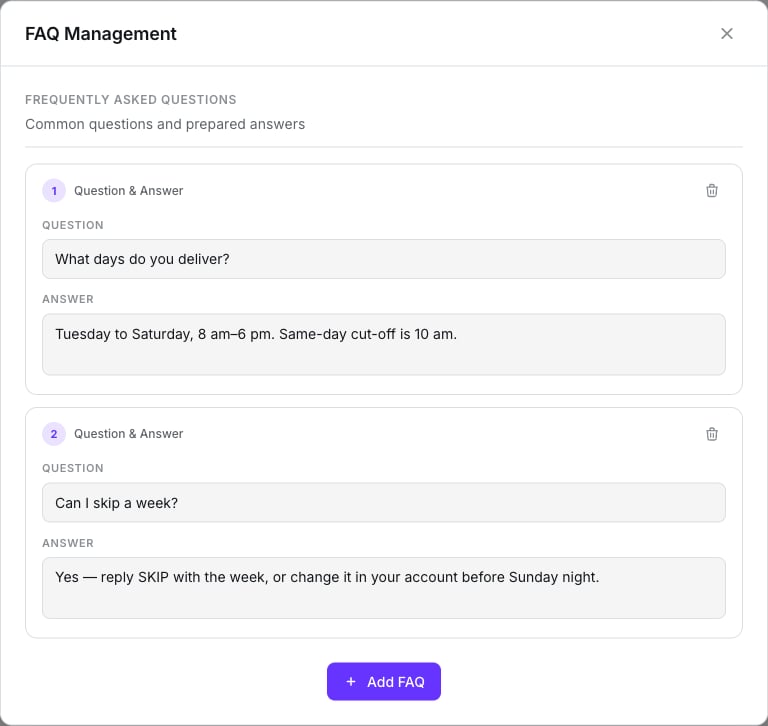 FAQ Management window listing two questions with their answers and the Add FAQ button