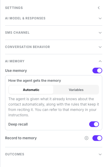 AI Memory group with Use memory on, How the agent gets the memory set to Automatic, Deep recall on, and Record to memory on with its Configure gear