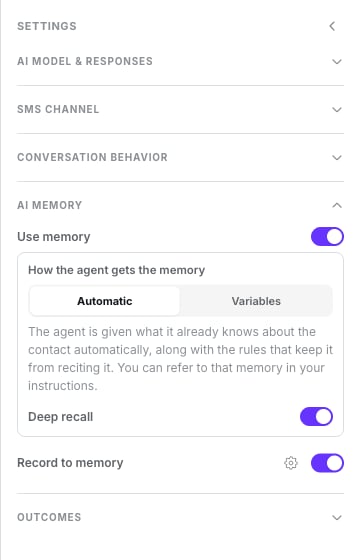 AI Memory group with Use memory on, How the agent gets the memory set to Automatic, Deep recall on, and Record to memory on with its Configure gear