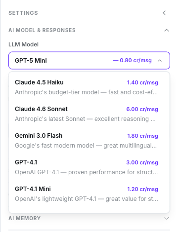 LLM Model listbox open, listing each model with its per-message price and a one-line description
