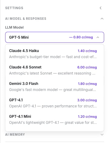LLM Model listbox open, listing each model with its per-message price and a one-line description