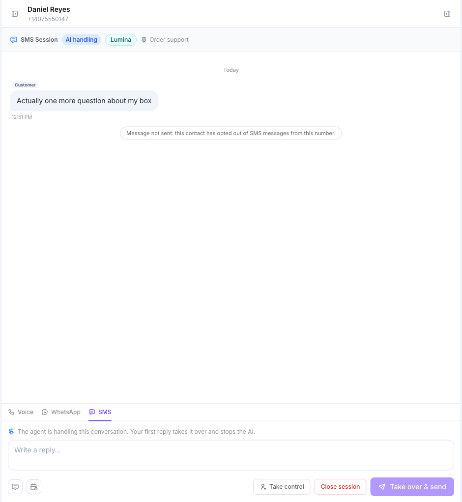 A new SMS session in AI handling where the customer's message is followed by the note Message not sent: this contact has opted out of SMS messages from this number