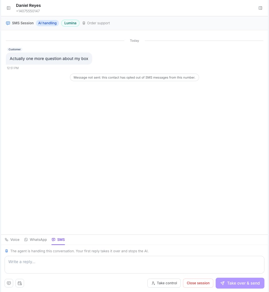 A new SMS session in AI handling where the customer's message is followed by the note Message not sent: this contact has opted out of SMS messages from this number