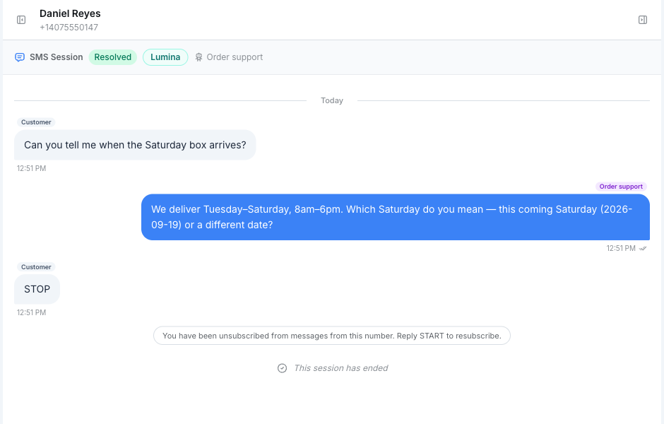 Conversations thread with the Resolved pill where the customer texted STOP, followed by the confirmation note You have been unsubscribed from messages from this number and the footer This session has ended