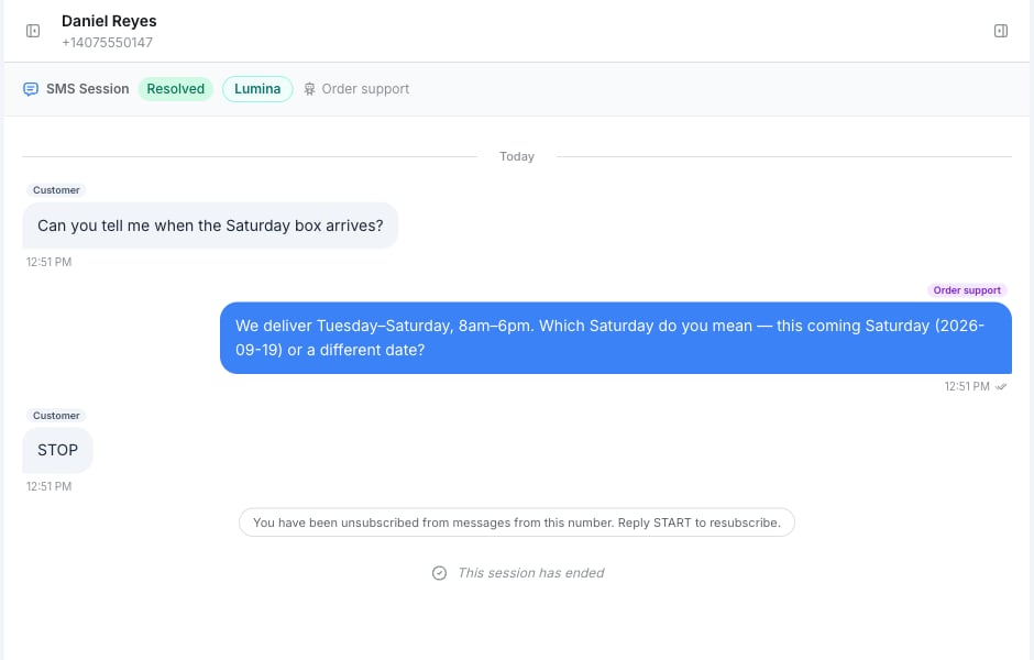 Conversations thread with the Resolved pill where the customer texted STOP, followed by the confirmation note You have been unsubscribed from messages from this number and the footer This session has ended