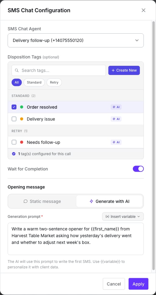 SMS Chat Configuration window with the Delivery follow-up agent selected, the disposition tag picker, Wait for Completion on, and Opening message set to Generate with AI with a generation prompt that uses first_name