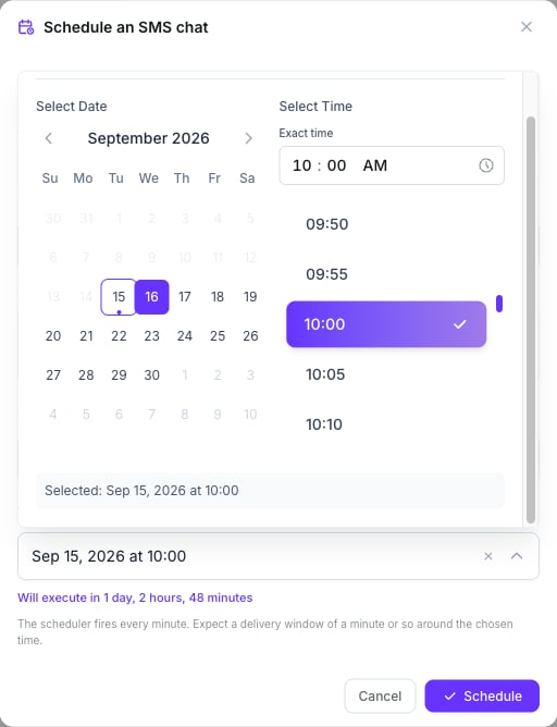Schedule an SMS chat window with the client, the Delivery follow-up agent selected, an opening message, the America/New_York timezone, a start date and time, and the countdown Will execute in 1 day