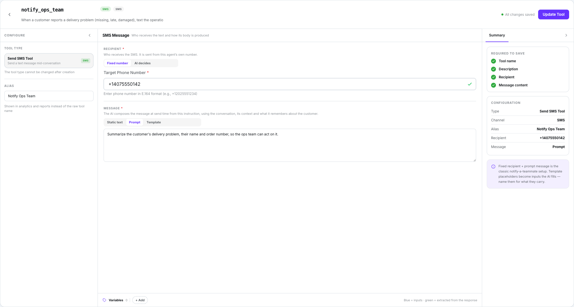 Send SMS tool builder for notify_ops_team: Recipient set to Fixed number with a target phone number, Message set to Prompt with an instruction to summarise the delivery problem, and the Summary panel listing the recipient and message mode