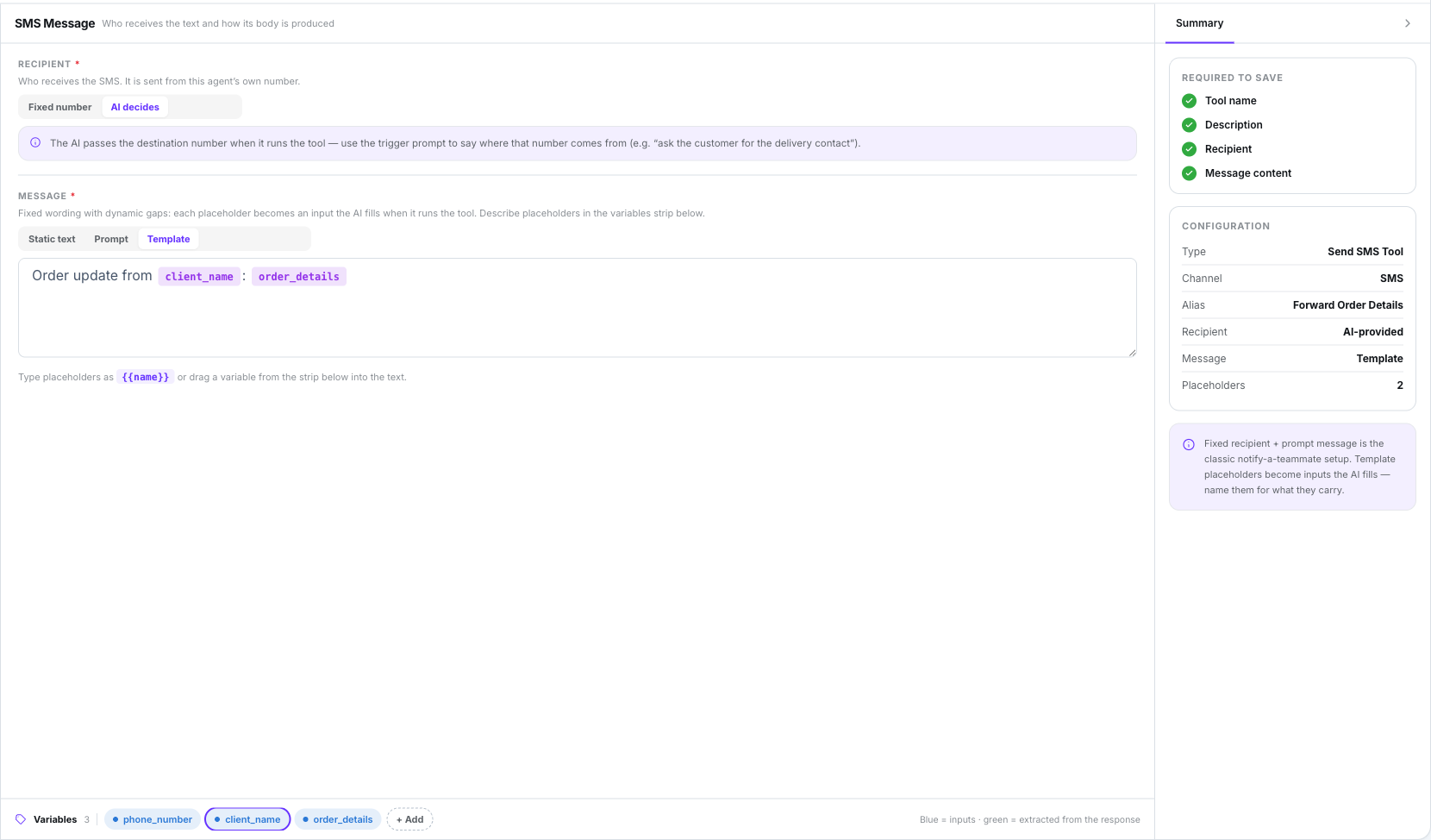 Send SMS tool pane for forward_order_details: Recipient set to AI decides with its hint banner, Message set to Template reading Order update from client_name colon order_details, the variables strip listing phone_number, client_name and order_details, and the Summary panel showing Recipient AI-provided and Placeholders 2