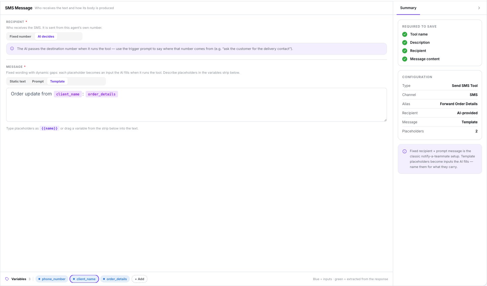 Send SMS tool pane for forward_order_details: Recipient set to AI decides with its hint banner, Message set to Template reading Order update from client_name colon order_details, the variables strip listing phone_number, client_name and order_details, and the Summary panel showing Recipient AI-provided and Placeholders 2