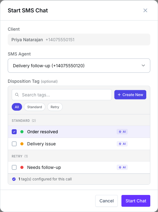 Start SMS Chat window with the client, an agent selected in the SMS Agent dropdown, the Disposition Tag field and the Start Chat button